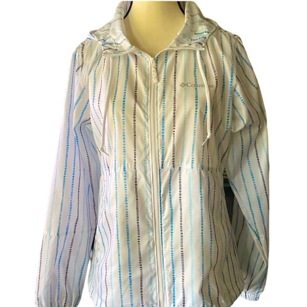 NWOT Columbia Sz XS White Blue Black Print LS Full zip XS Pockets Windbreaker